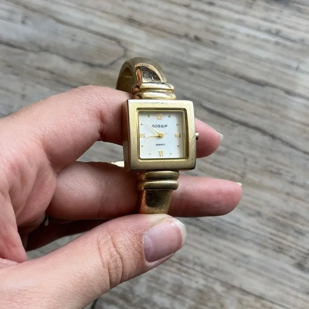 Gossip Vintage Watch Gold White Face Hinge Cuff Square Antique